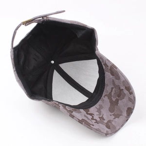 Interior view of camouflage baseball cap featuring purple patterns and adjustable buckle