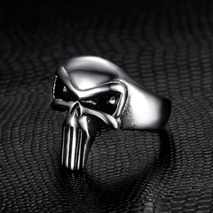 Polished stainless steel Punisher skull ring for men with a gothic silver finish