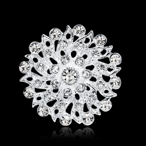 Elegant silver flower brooch with sparkling rhinestones and hollow petal design