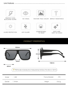 Detailed specs of square frame sunglasses showing PC material and UV400 protection icons