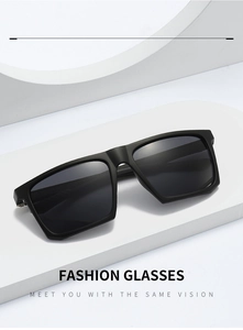 Detail of matte black square sunglasses on white geometric display stand