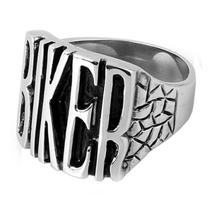 Punk style silver stainless steel biker ring with engraved text and cracked texture