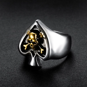 Men's retro punk stainless steel ring with golden skull on black spade shield base