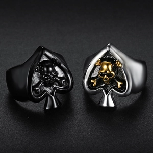 Punk style stainless steel spade and skull rings in black matte and silver gold finish