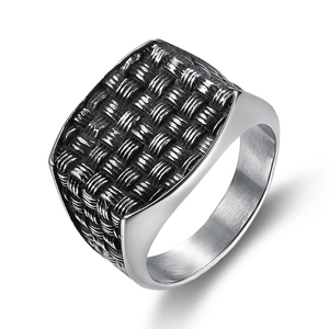 Men's silver stainless steel ring featuring vintage woven mesh texture on white background