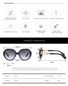 Close-up of black oval sunglasses with golden metal hollow temples and size dimensions