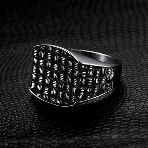Vintage 316 Stainless Steel Ring For Men Woven Texture Grid Pattern Rectangular Face Retro Industrial Punk Band