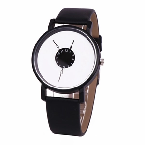 Minimalist quartz watch with black leather strap and unique rotating number dial