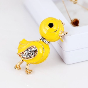 Cute yellow enamel duck brooch with sparkling rhinestones and gold metal plating