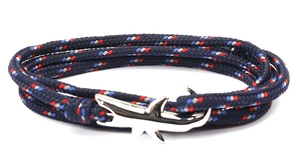 Nautical multi-wrap bracelet featuring navy nylon rope and silver fish hook clasp