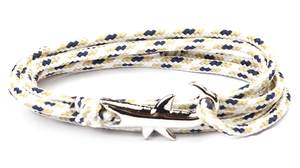 Detail of nautical braided rope bracelet featuring a polished silver shark metal hook clasp