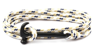 Detail of multi-strand braided cord bracelet with black matte hammer-shaped metal clasp