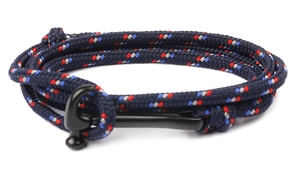 Detail view of navy nautical rope bracelet with red accents and matte black anchor hook