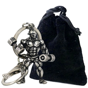 Porte-clés de fitness argenté avec figurine musclée et haltère et pochette en velours