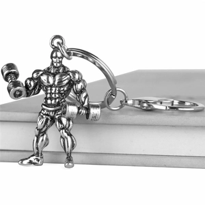 Porte-clés culturiste en argent avec haltère en métal avec texture vintage