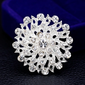 Elegant silver round floral brooch with sparkling rhinestones on blue velvet box