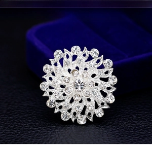 Detailed view of silver heart rhinestone brooch with starburst floral pattern and crystals