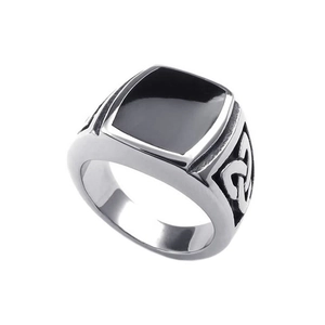Vintage stainless steel Viking ring with Celtic knot carvings and black enamel inlay