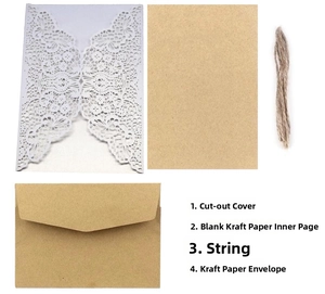 Detail showing laser-cut lace cover, kraft inner sheet, twine, and envelope set