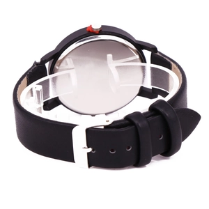 Close-up of black leather watch strap and polished stainless steel back case