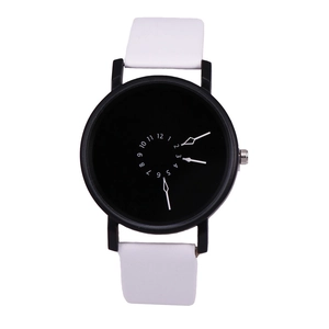 Macro detail of modern quartz watch featuring black round dial and white strap contrast