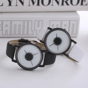 Macro view of minimalist watches with matte black cases and unique circular hour markers