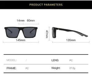 Size guide for square frame sunglasses showing lens width, frame dimensions and PC material