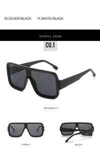 Detailed views of oversized square black sunglasses showing front and side profile
