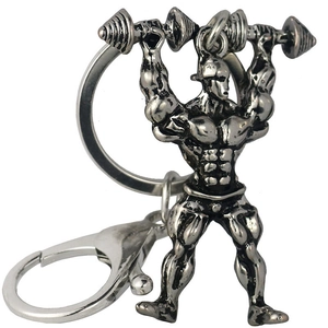 Silver metal bodybuilding keychain featuring a muscular man weightlifting figurine