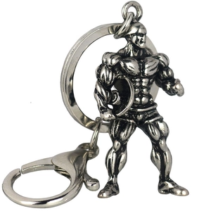 Metallic fitness bodybuilder keychain with barbell shield in antique silver finish