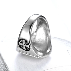 Vintage stainless steel cross ring with embossed gothic patterns on a silver band