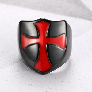 Men's shield cross ring with red enamel inlay in irregular stainless steel design