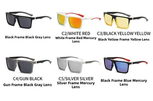 Detailed view of square frame sunglasses showing diverse lens colors and frame finishes