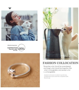 Detail view of a cute 925 silver cat ring with adjustable open band for women