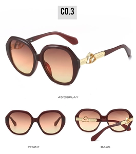 Detailed views of burgundy oval sunglasses with gold metal temples and gradient lenses