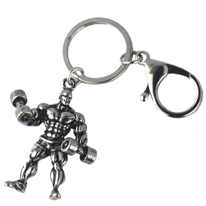 Porte-clés athlète haltérophilie en argent avec haltère et fermoir sur fond blanc