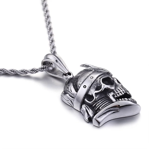 Gothic 3D skull pendant with helmet and steel twist chain for men's jewelry