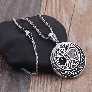 Silver stainless steel Celtic tree of life necklace with round openwork pendant on pebble
