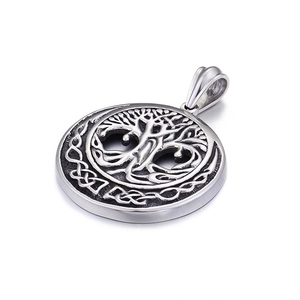 Silver Tree of Life pendant with Celtic knot border on a clean white background