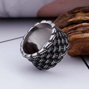 Vintage braided titanium steel ring with wide band design and antique silver finish
