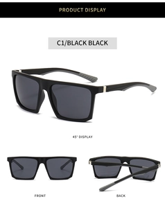 Three perspectives of black square trendy sunglasses showing front back and side views