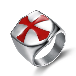 Men's silver square signet ring with red Knight Templar cross inlay and polished finish