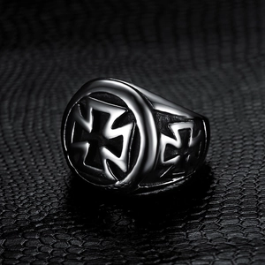 Vintage stainless steel iron cross ring for men with retro punk embossed details
