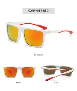 Three-view display of white square frame sports sunglasses with red non-slip temple tips
