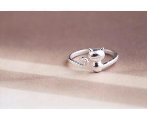 Detailed macro view of minimalist silver cat ring with ears and tail on warm background