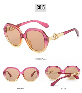 Detailed views of pink gradient oval sunglasses featuring stylish gold metal temple accents