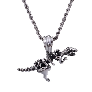 Polished stainless steel dinosaur skeleton pendant necklace with a durable rope chain