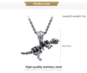 Macro detail of stainless steel dinosaur skeleton pendant with 49x21mm size dimensions