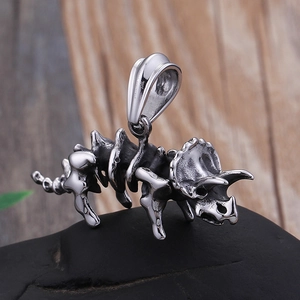 Polished silver stainless steel triceratops skeleton necklace pendant with 316L stamp