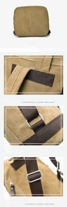 Detail of khaki canvas backpack showing reinforced stitching and metal adjustment buckle